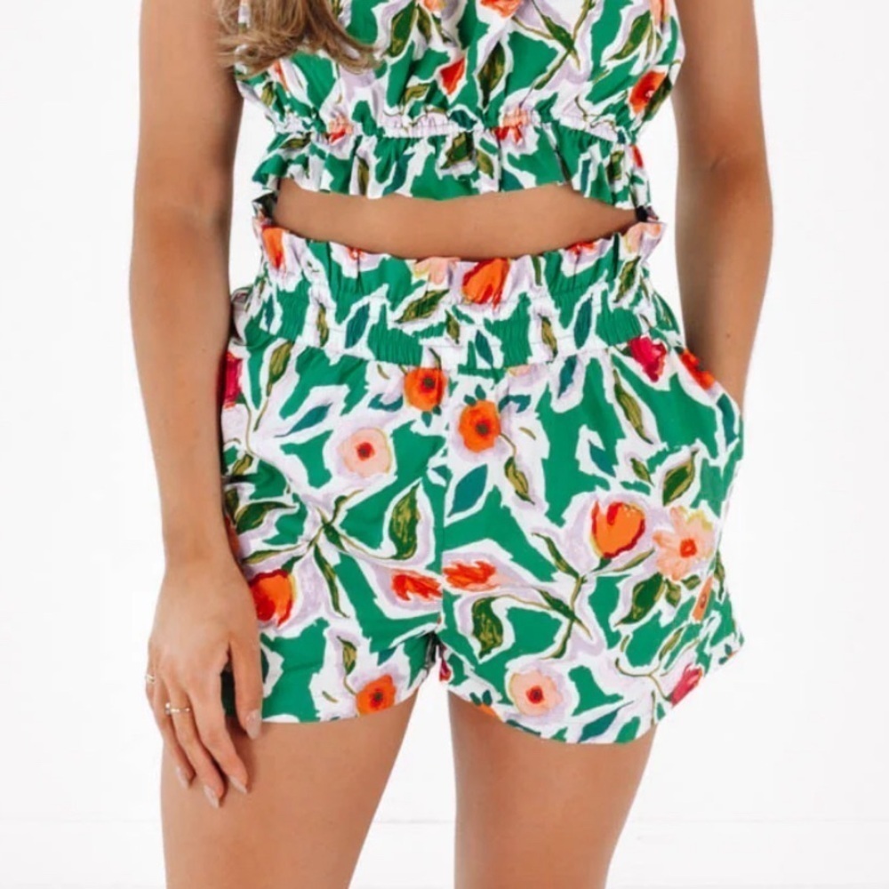 English Factory Floral Smocked Waist High Rise Cotton Shorts